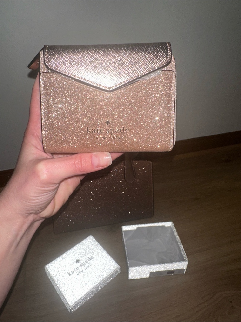 kate spade Rose Gold Glitter Compact Wallet